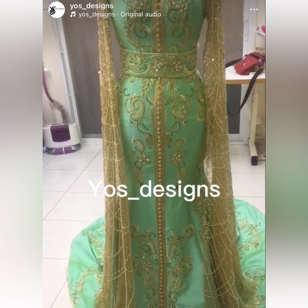 Elegant Green and Gold Embroidered Gown